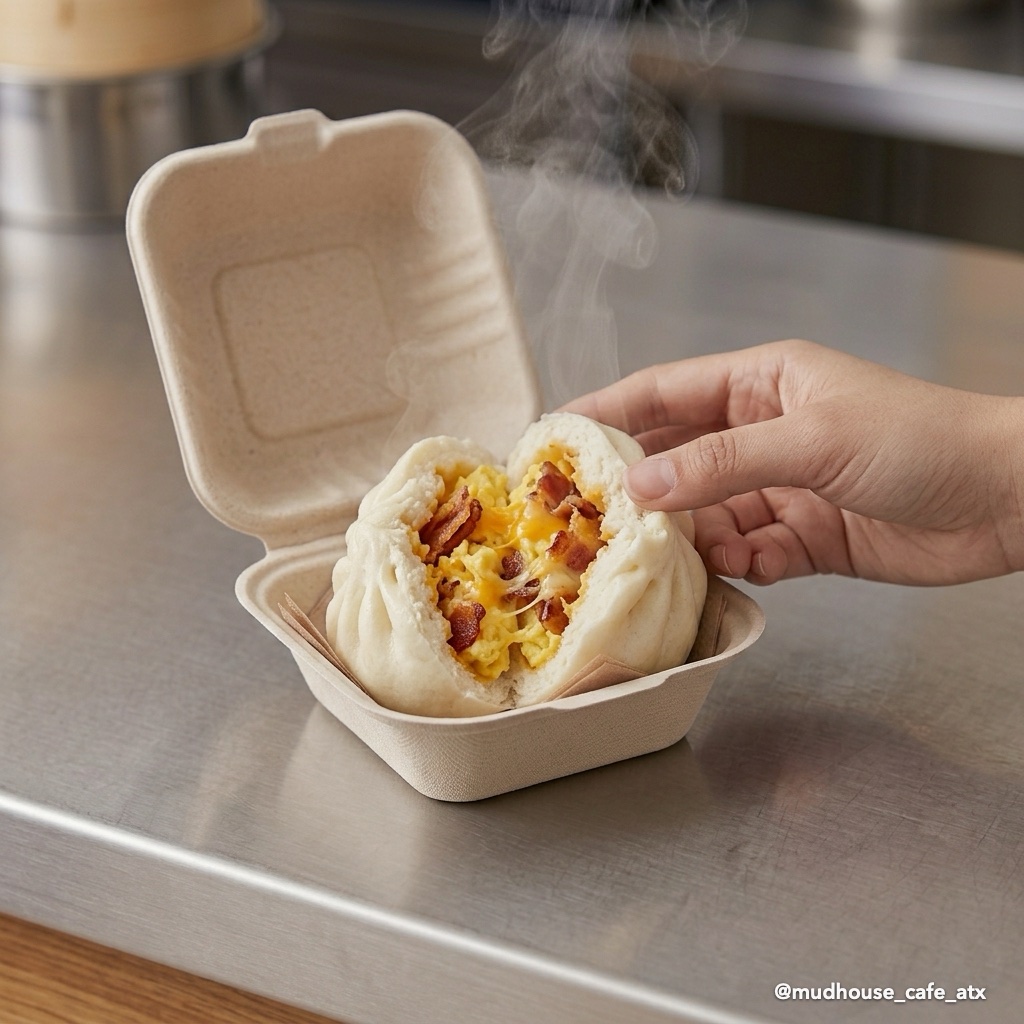 Open bacon, egg and cheese steamed bun from Mudhouse Cafe