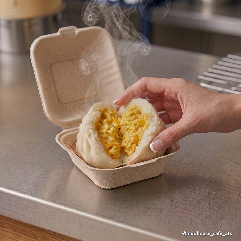 Open vegetarian egg and cheese steamed bun from Mudhouse Cafe